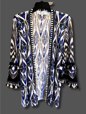 Chico's Size 2 L Ikat Print Open Front Kimono Cardigan Tassel Bell Sleeve
